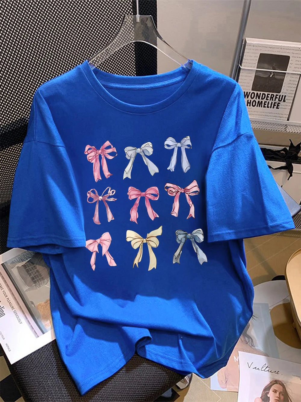 Summer T-Shirts Cotton Womens Colorful Bow Tie Printing Short Sleeve Comfortable Soft O-Neck Tops Holiday Casual Womans Clothes