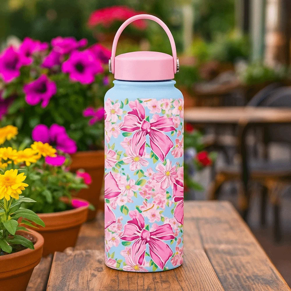 Gift INS Insulated Water Bottle 1L Portable Thermal Water Bottle Leak-proof Large Capacity Floral Thermal Cup Household