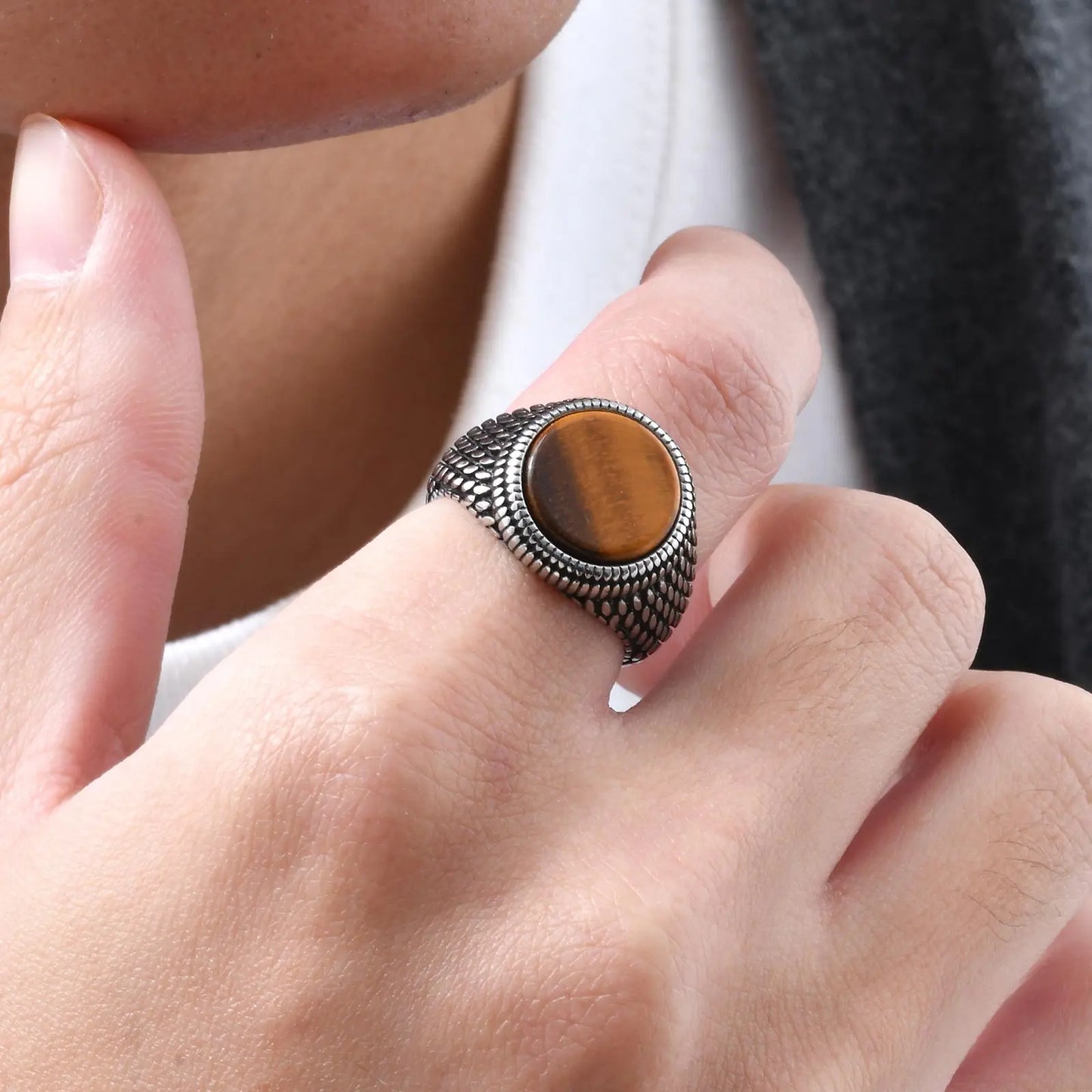 Geometric Turquoise Tiger Eyes Natural Stone Ring for Men, Chunky Stainless Steel Signet Rings, Fashion Punk Finger Jewelry Gift