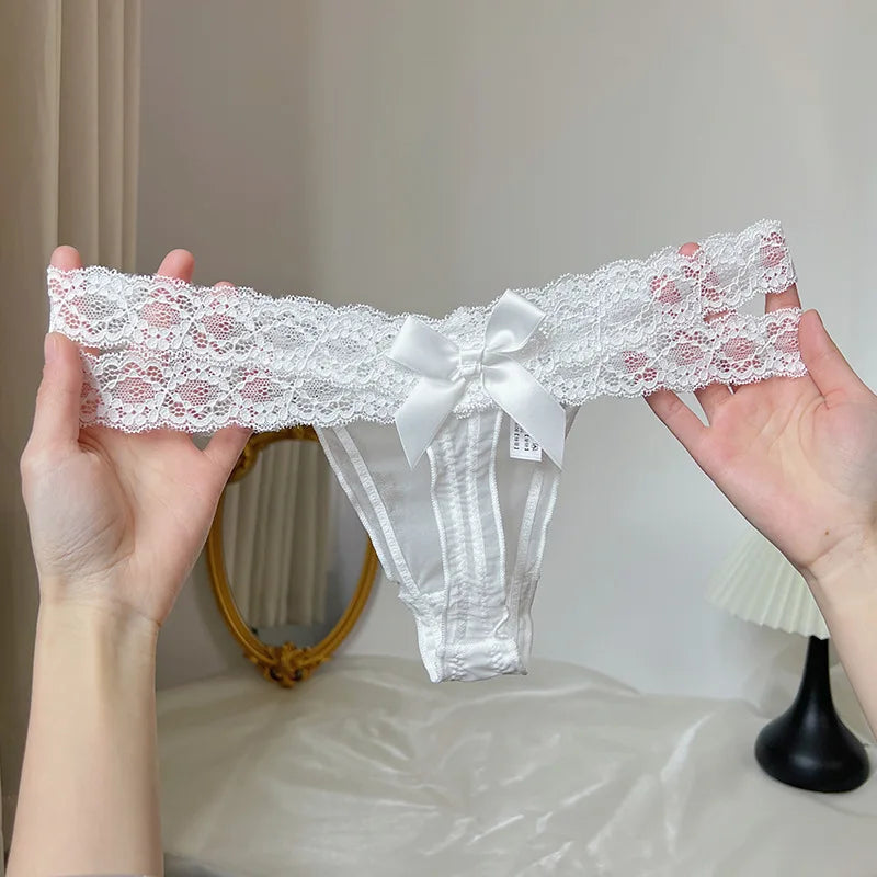 Thongs Woman Sexy Female Lingerie Women's Panties Women's Lace Thong Low Waist G-String Mesh Bow Detail Breathable Ladies Briefs