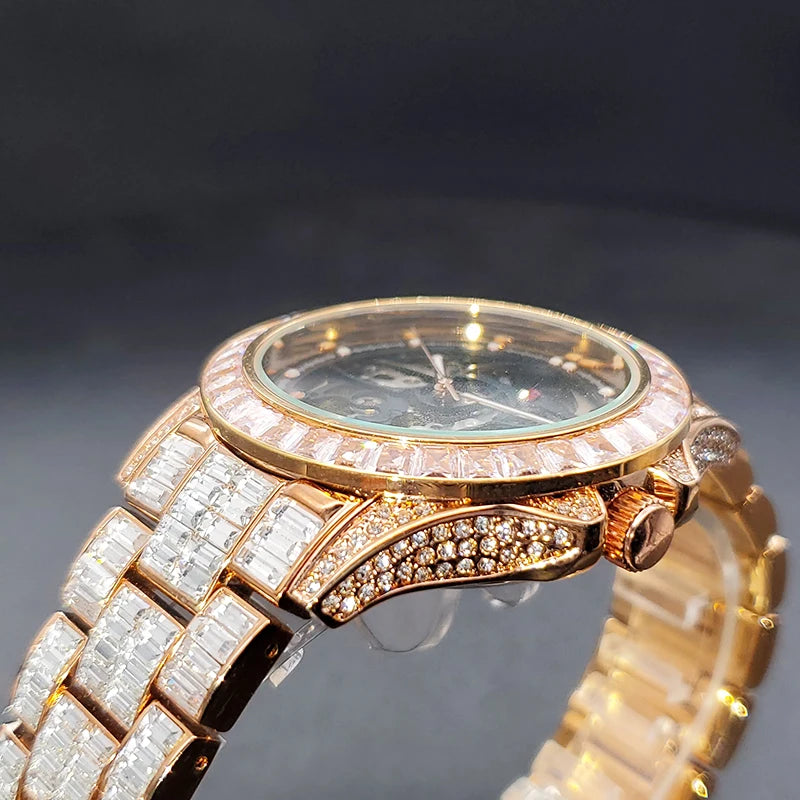 Automatic Watch For Men Diamond Luxury Hip Hop Street Style Luminous Men Mechaincal Watches With Baguette Zircon Bracelet Clock