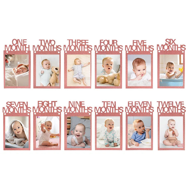 Birthday Baby One Year 12 Months Photo Banner Boy Girl 1 Year First Birthday Party Picture Photo Frame Garland Anniversary Decor
