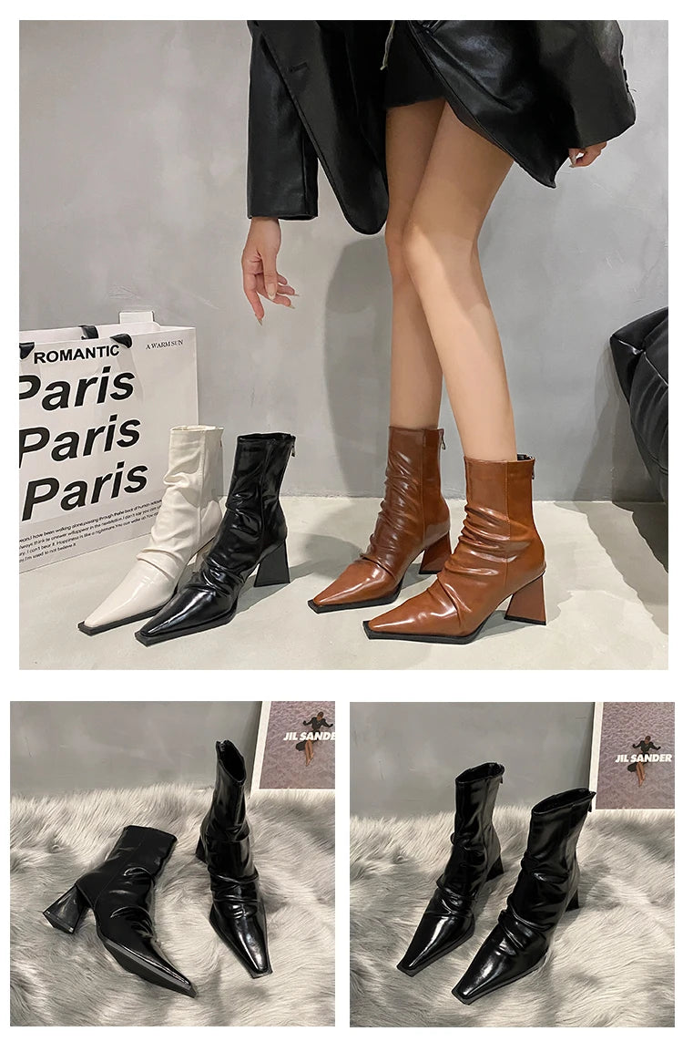 Horse Boots Female Ins Pointed Pink Skinny Boots 2023 Winter New Patent Leather Thick with Fashion High Heel Short Boots
