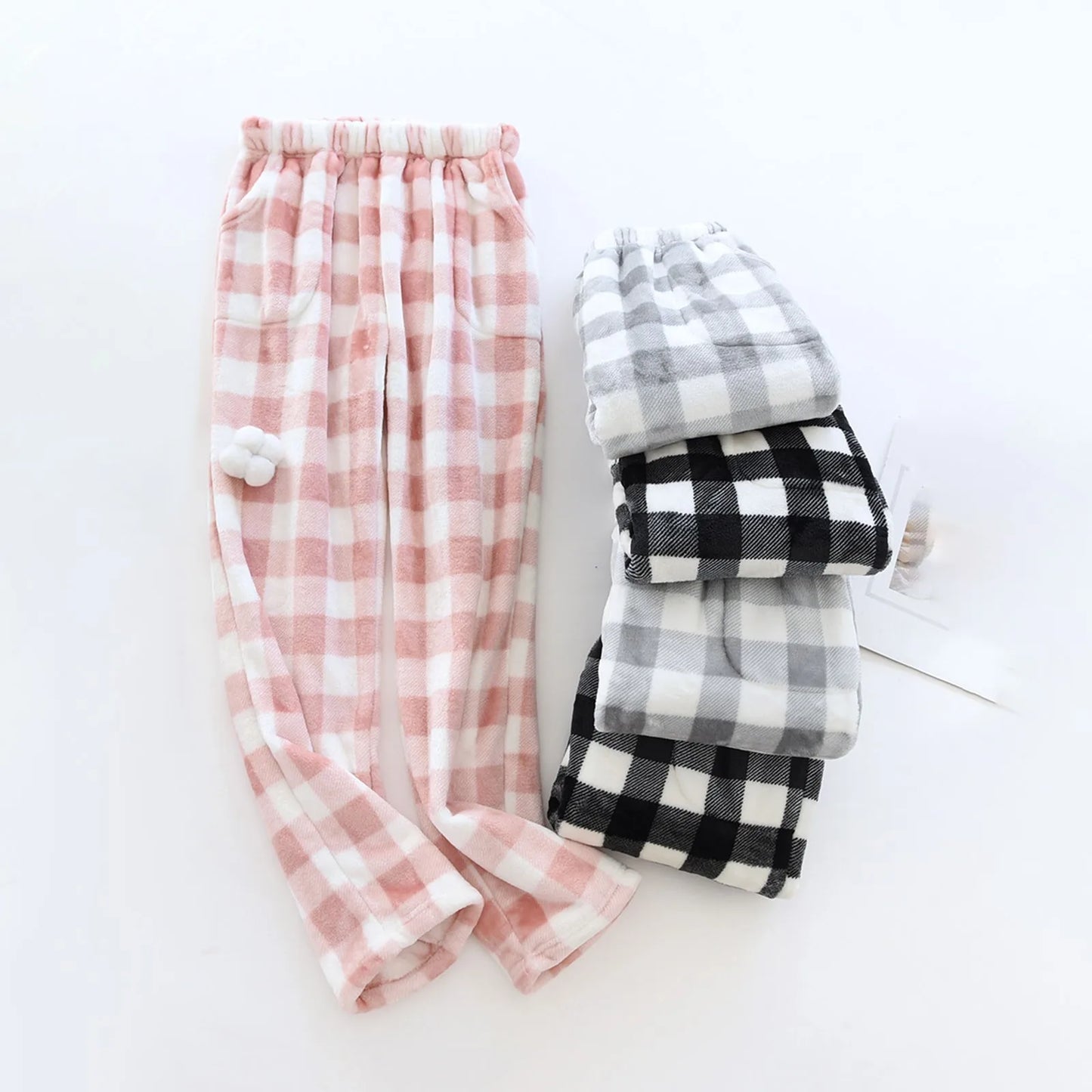 Pajama Pants Women's Trousers Autumn Winter Coral Fleece And Thick Plaid Warm Pants Flannel Home Pants Loose Lounge Wear