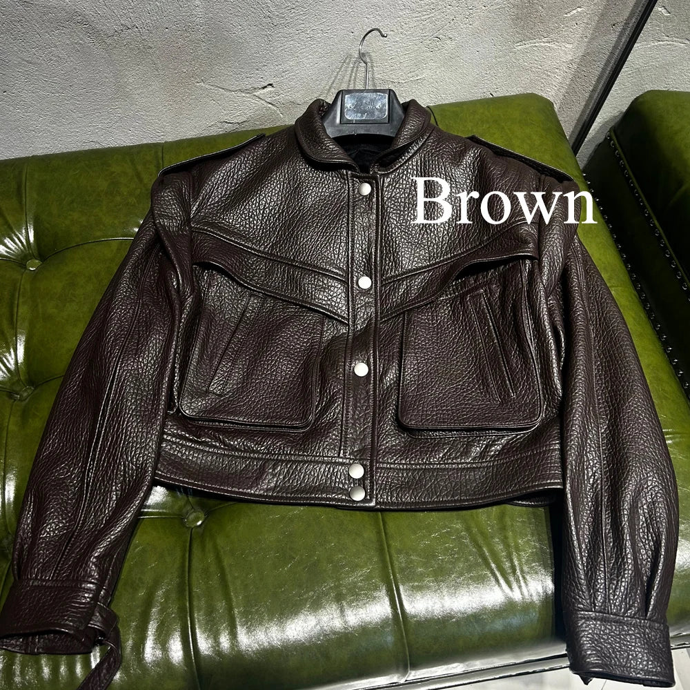 Grained Vintage Leather Jacket Women High Quality Genuine Sheep Leather Coat 2025