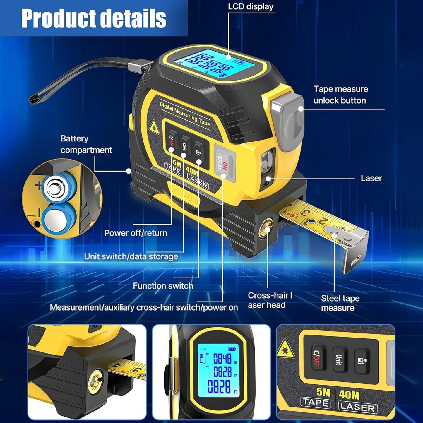 3IN1 Laser Tape Measure Meter Laser Rangefinder Meter With Digital Display 40M/60M Laser 5M Tape measure Precision Measure Ruler