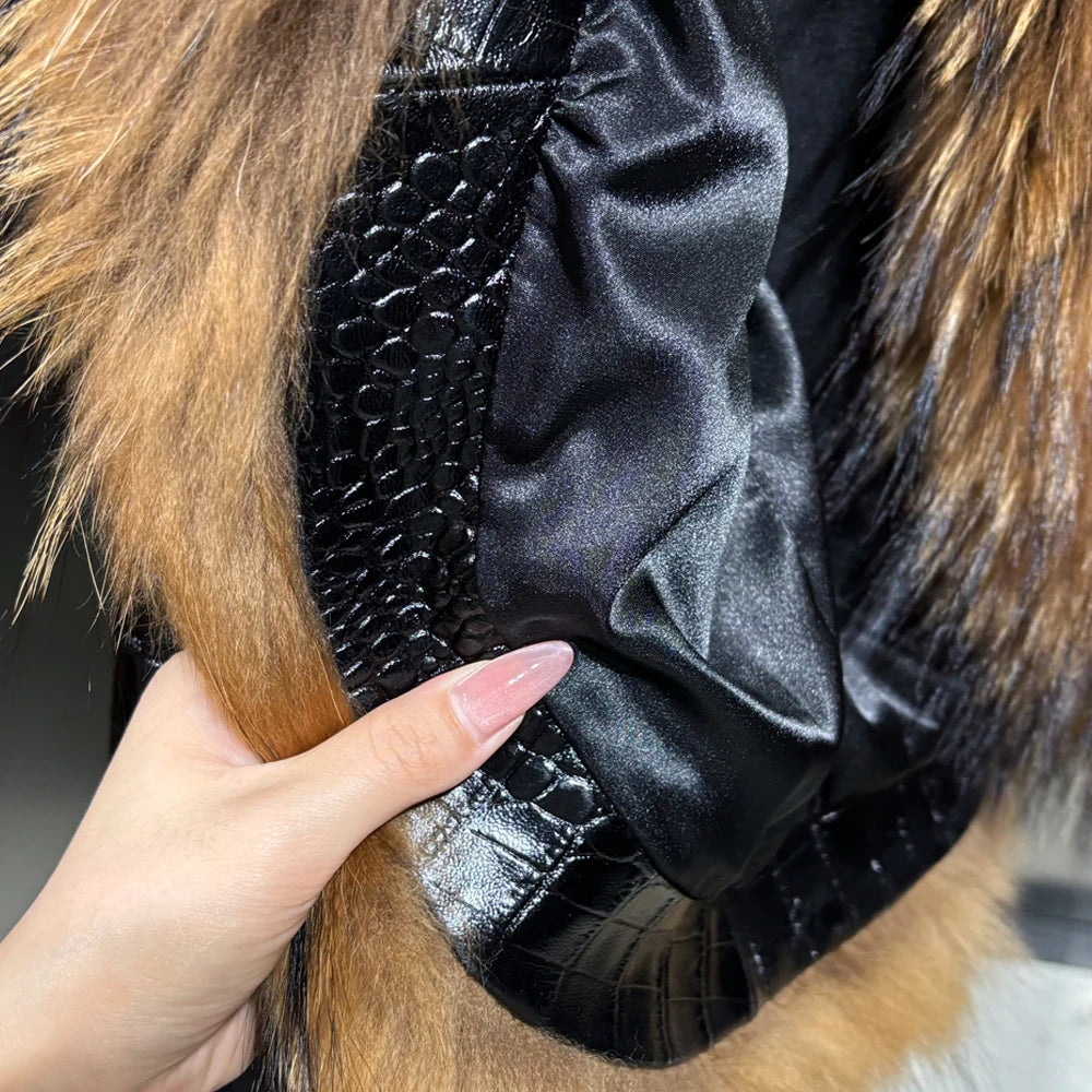 Natural Raccoon Fur Collar Real Leather Jacket Women 2025 Autumn Black Crocodile Textured Leather Jacket Ladies Streetwear