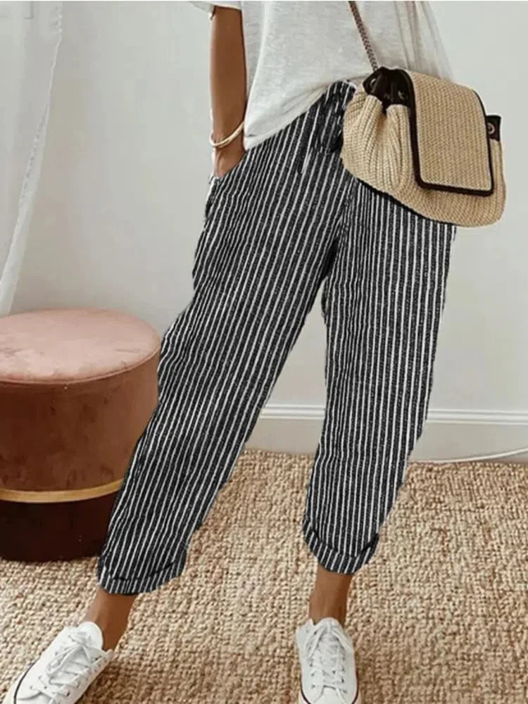 Women Pants Striped Casual Trousers Vintage Fashion Streetwear Pants Summer 2025 New Elastic Waist Loose Female Trousers