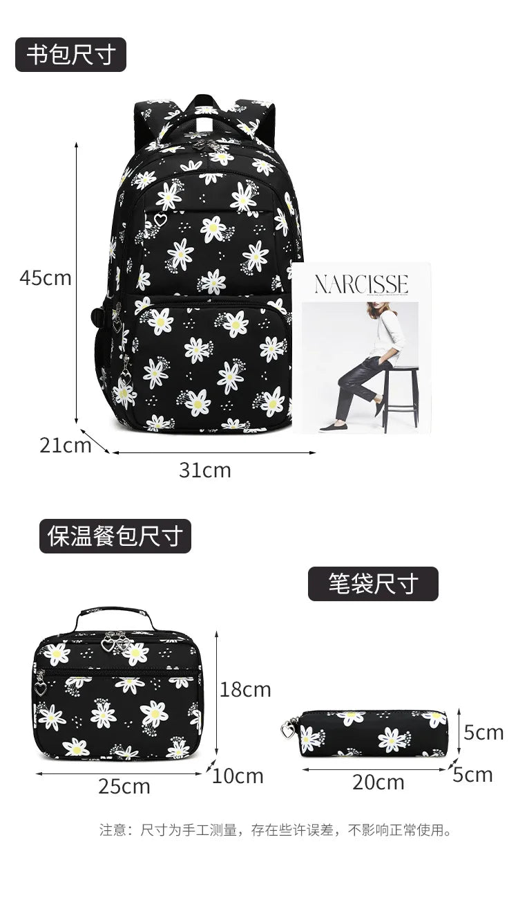 3 Pcs Set Children's Backpacks Cute Student School Bag for Teenage Girls Waterproof School bags With Lunch bag Pencil Case