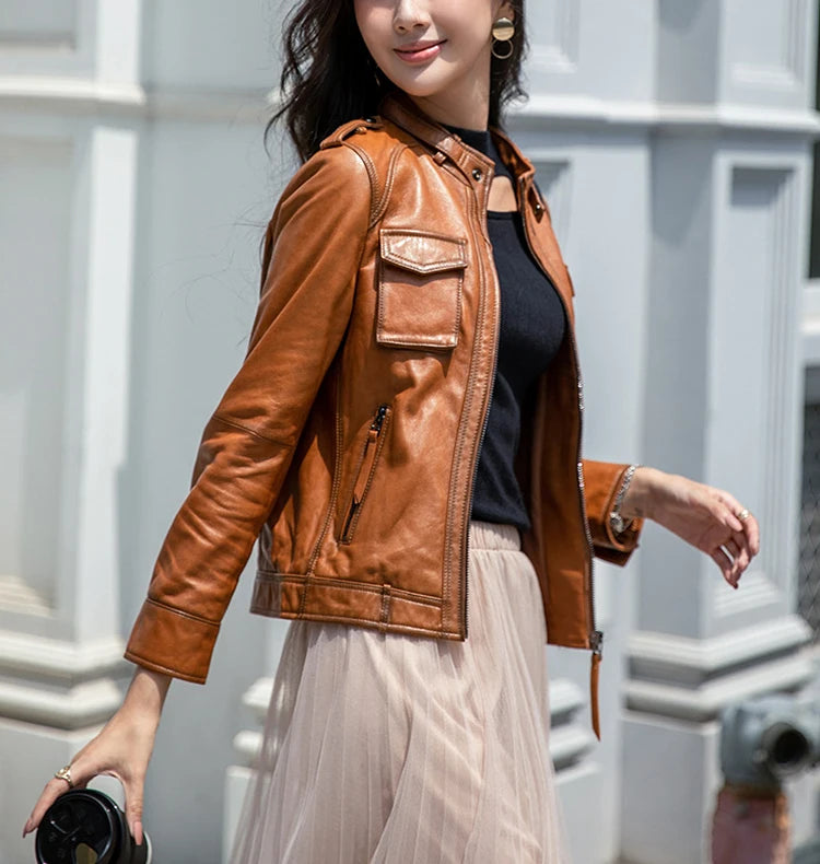 Autumn Clothes Women Genuine Sheepskin Short Locomotive Jaqueta Feminina Stand Collar Slim Vintage Versatile Brown Leather Coat