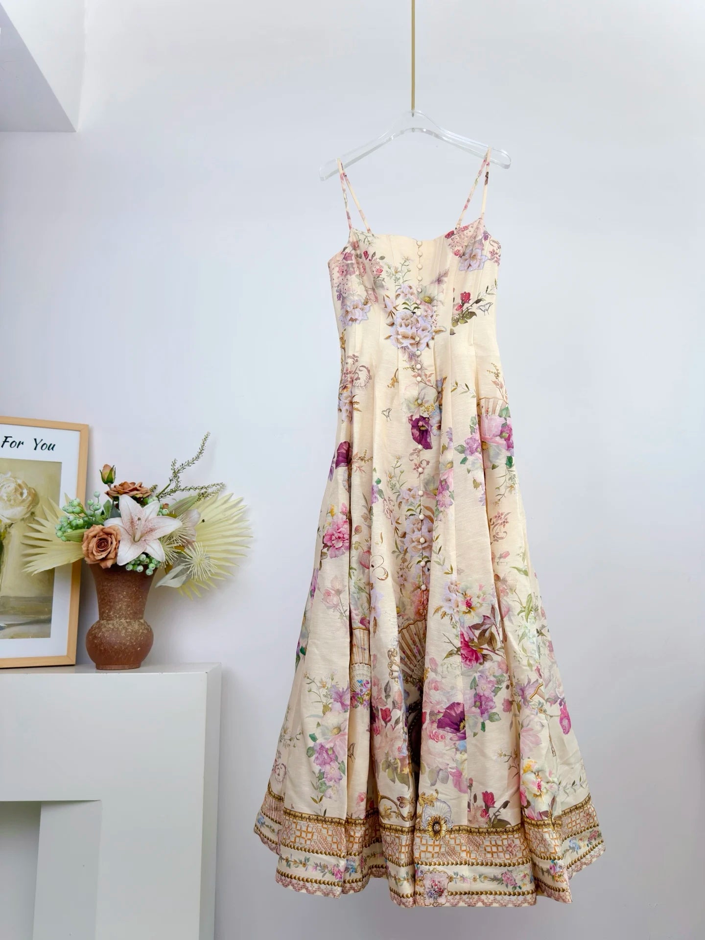 Women Silk Flower Printed Long Dress Heavy Beaded V-Neck Lantern Sleeve Loose Female dress