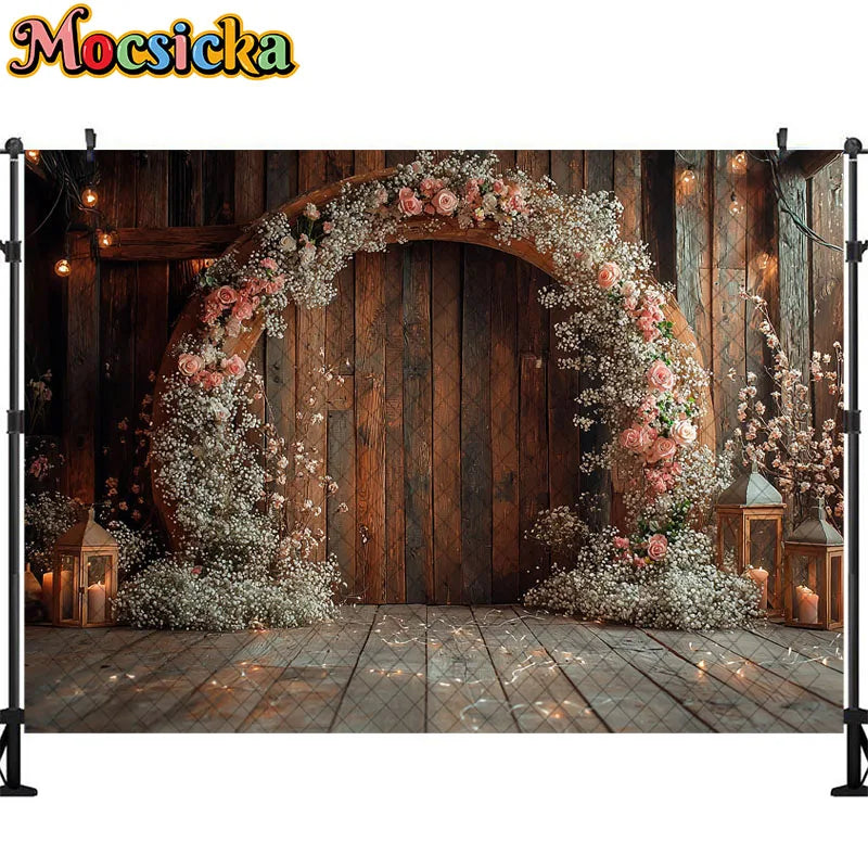 Wedding Theme Photography Background Round Wreath Wooden Wall Decoration Couple Wedding Scene Supplies Backdrop Studio Props