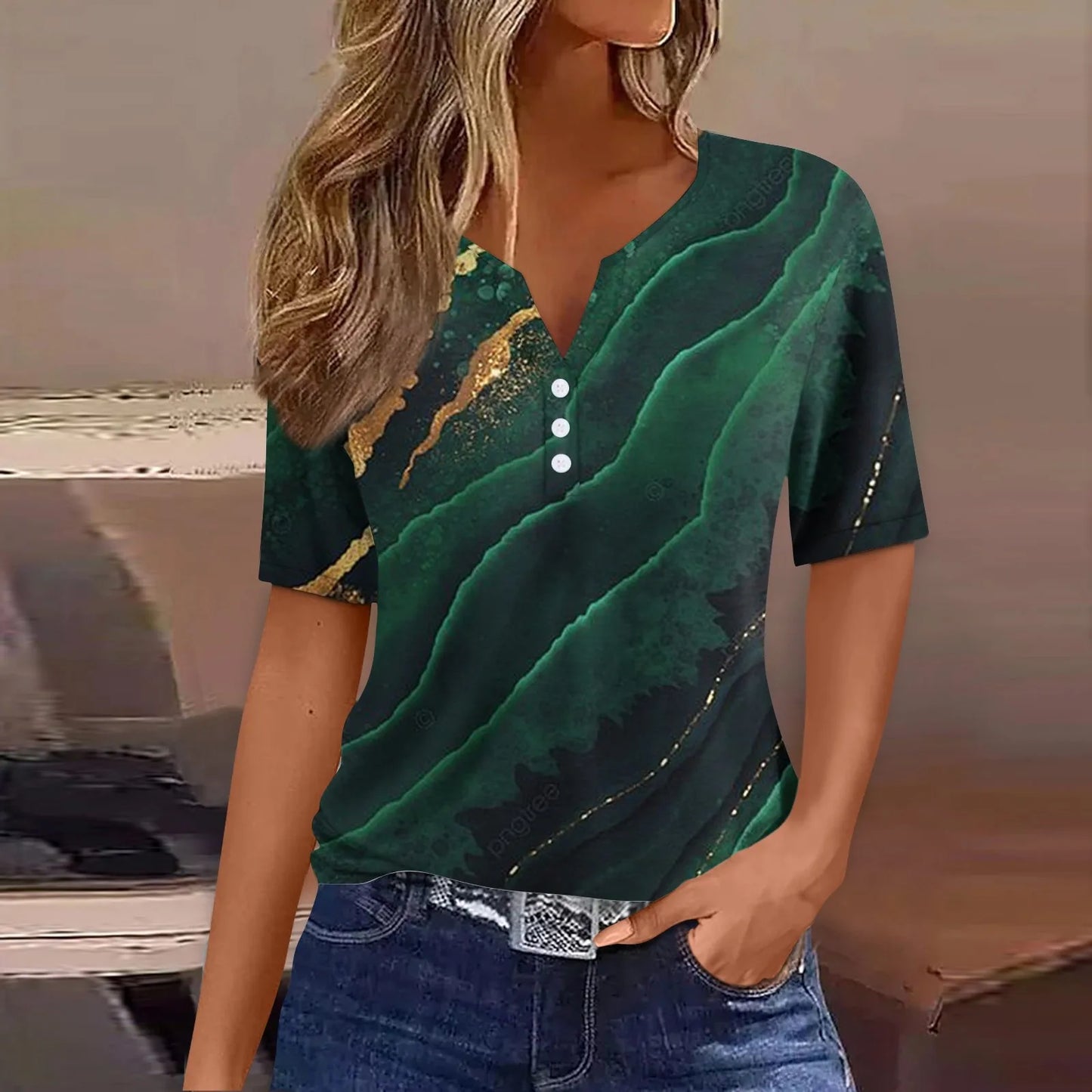 Summer Women T-Shirts 3D Fashion Print Gradient Harajuku T Shirt Oversized Tees for Ladies Clothing New Short Sleeve V-Neck Tops