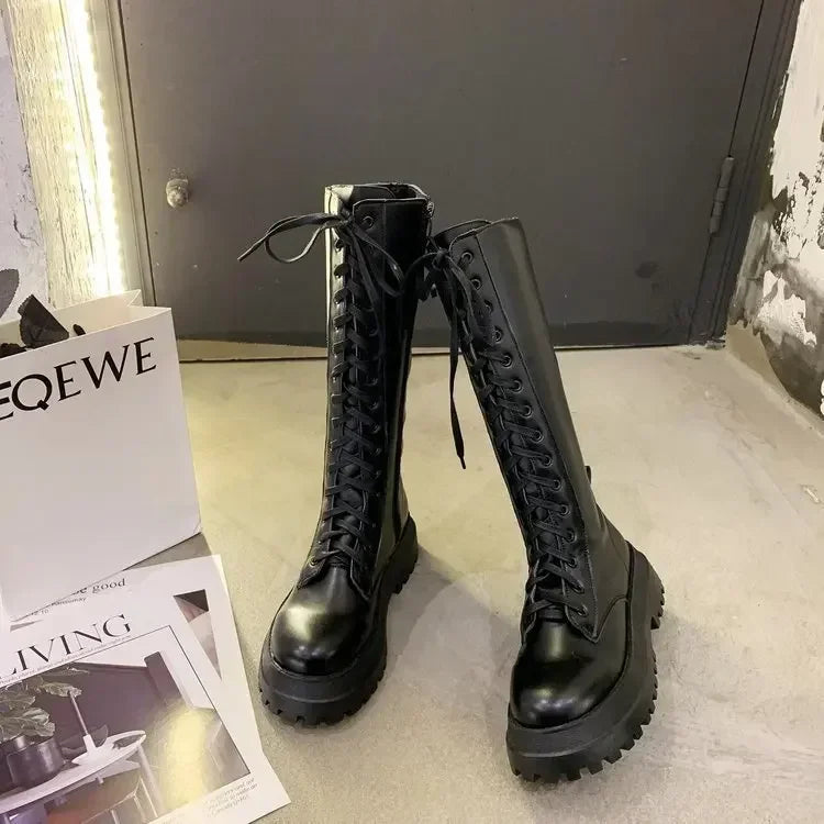 Women Motorcycle Boots Wedges Flat Shoes Woman High Heel Platform PU Leather Boots Lace Up Women Shoes Black Boots Girls2021