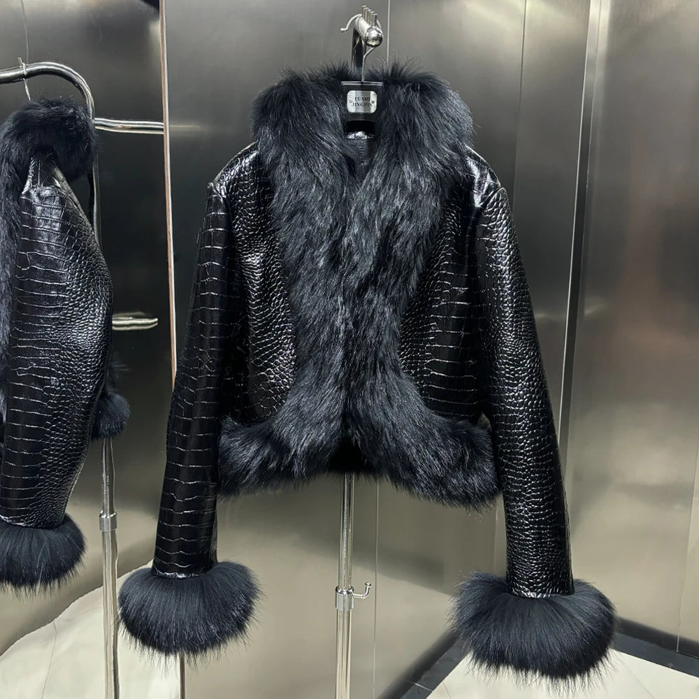 Natural Raccoon Fur Collar Real Leather Jacket Women 2025 Autumn Black Crocodile Textured Leather Jacket Ladies Streetwear