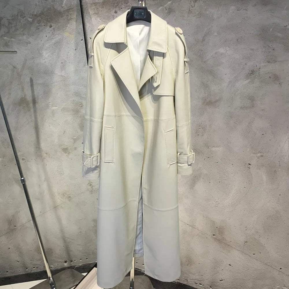 Leather Coat Orange Long Ladies Real Sheepskin Coat Genuine Sheep Leather Windbreak Long 21018