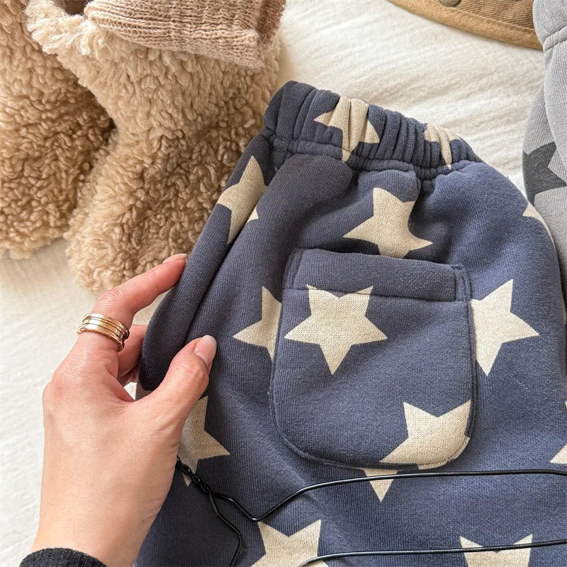 2025 Winter New Children Plus Velvet Thick Casual Pants Fashion Print Boys Fleece Sweat Pants Girls Warm Trousers Kids Clothes