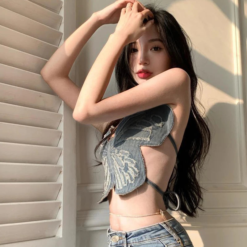 Women Summer Tank Tops, 3D Butterfly Shaped Halter Neck Sleeveless Self Tie Backless Crop Tops for Ladies