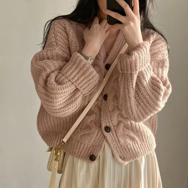 Fashion Knitted Cardigan Women V-nek Loose Sweater Casual Winter Warm Long Sleeve Coats Autumn Elegant Solid Color Knitted Tops