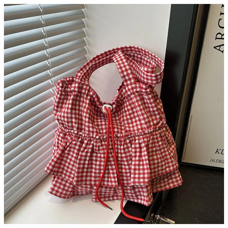 Women's Tote Bag Ruffles Plaid Drawstring Handbag Women Fashion Canvas Shoulder Bags	Large Capacity Korean Bags Bolsos De Mujer