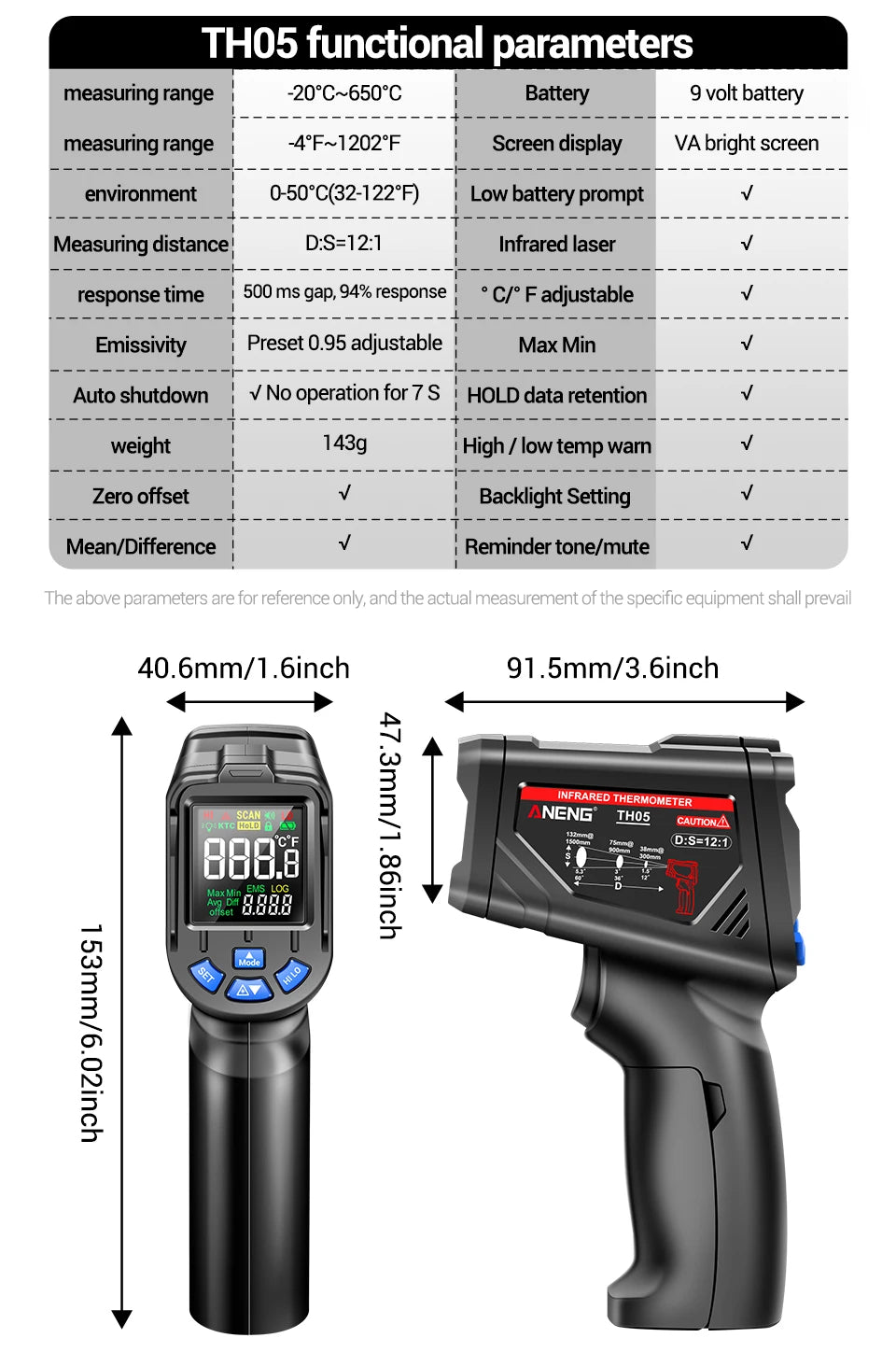 Digital Infrared Thermometer ANENG TH05  Non-Contact  -20~650℃ IR Laser Termometro Pyrometer Gun  Laser Temperature Meter Tools
