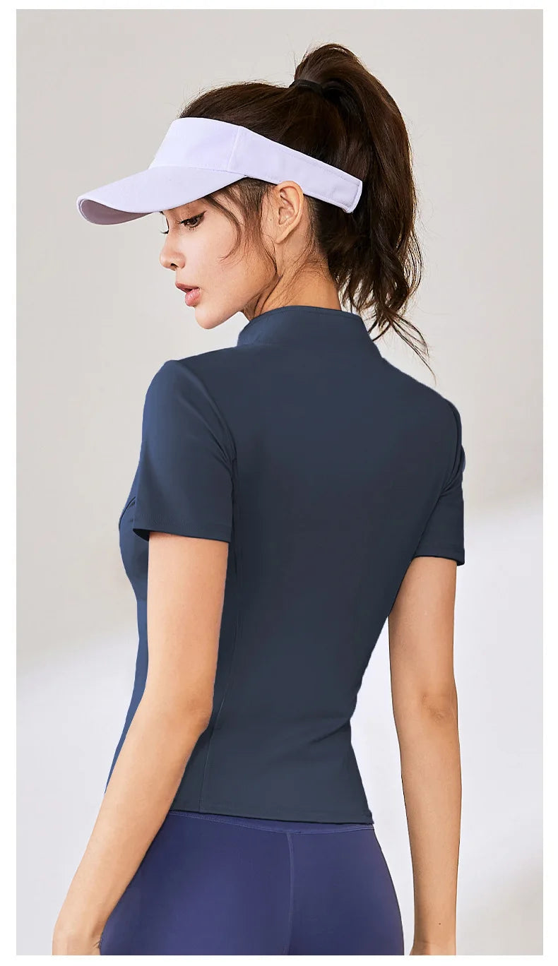 Summer High Quality Waist Slimming Training Tops Women's Quick-drying Tight Stand Collar Full Zipper Short Sleeves Yoga shirts