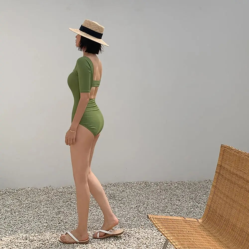 Ladies Bathing Suit Solid Color Hollow Out Swimsuit Slim Design High Waist Backless Swimsuit Mesh Cut Short Sleeve Swimwear Bath