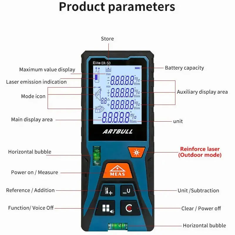 ARTBULL Digital Green Laser Tape Measure 50M Laser Distance Meter Rangefinder With Horizontal