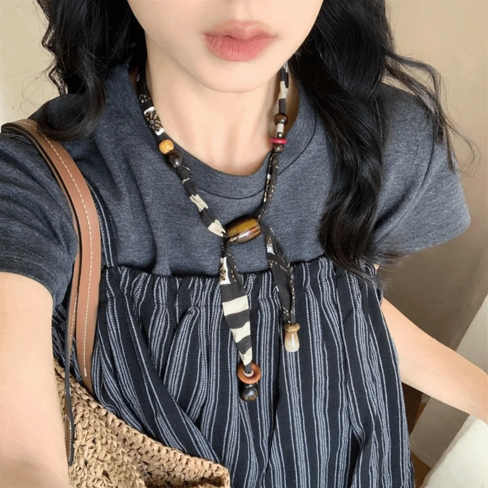 Strip Cloth Chain Necklace Multicolor Ethnic Style Wood Bead Necklace Jewelry Accessories Clavicle Chain Bohemian Choker Male
