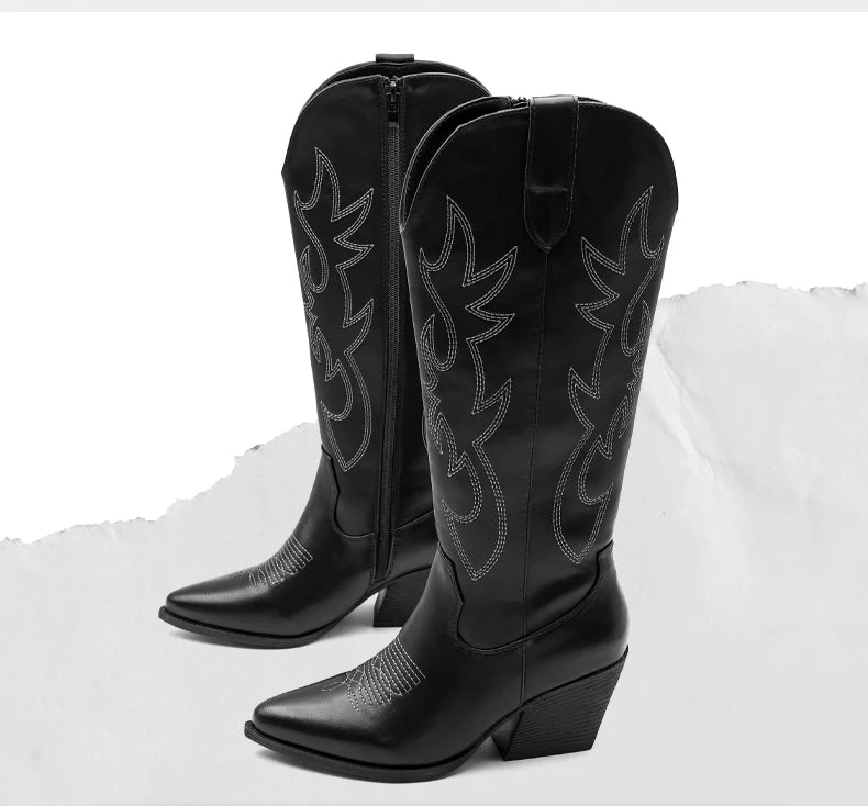 Shoes for Women New Embroidered Western Cowboy Boots Women Autumn Pointed Toe Thick Heel High Knee Boots