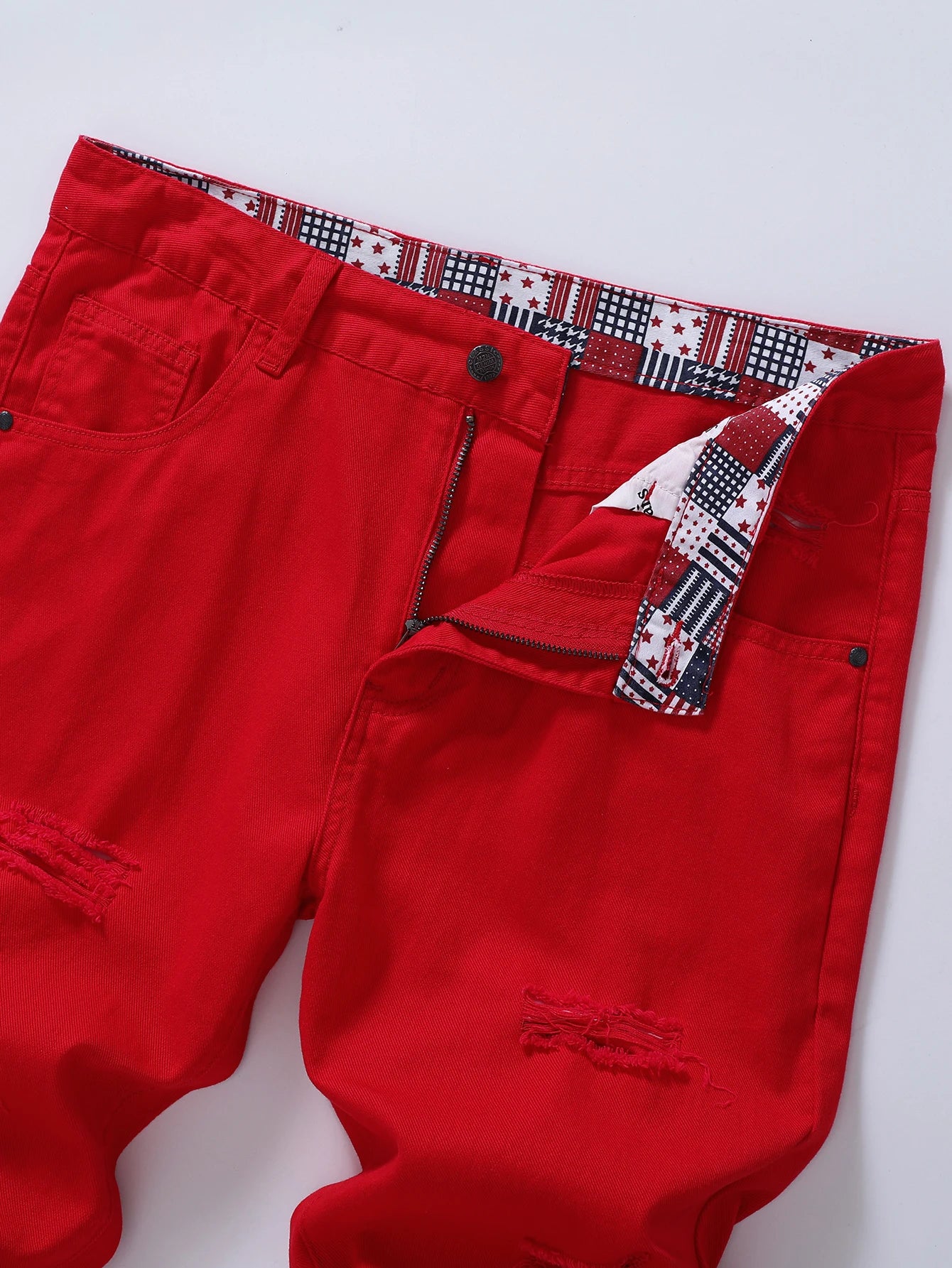 Men's Red Ripped Casual Pants Made of Cotton Fabric Non-Stretch Slim Pants Street Casual Style Five Pocket Classic Pants