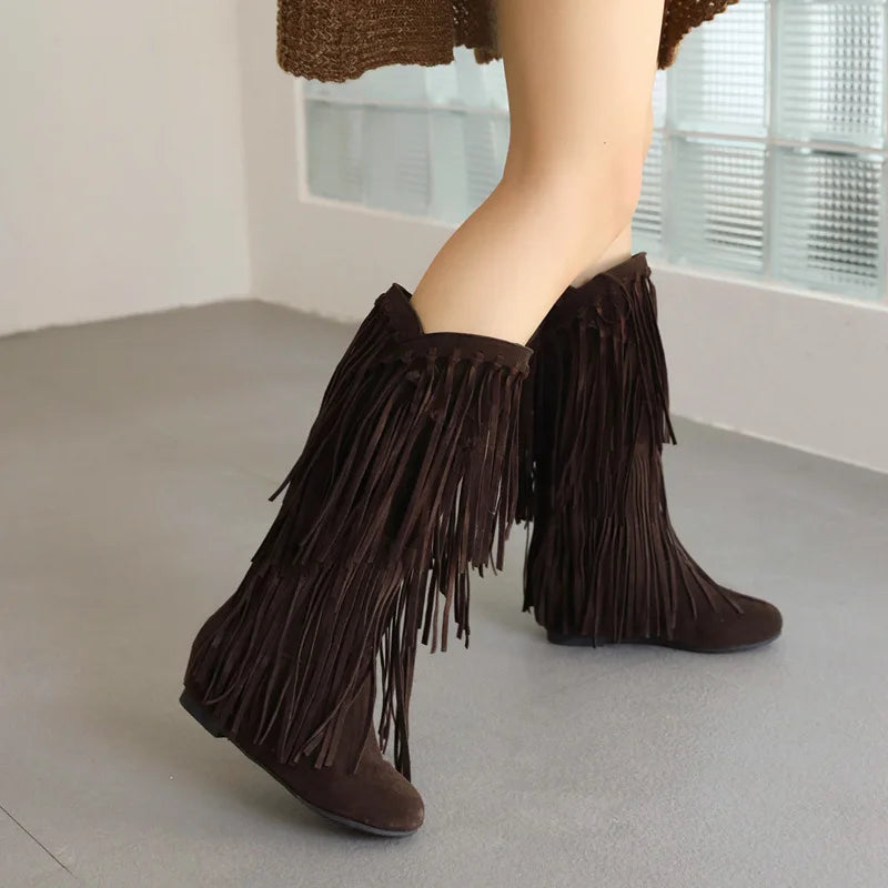 Boots 2025 autumn/winter women's boots casual fringe boots college style flat bottomed high top boots women's shoes