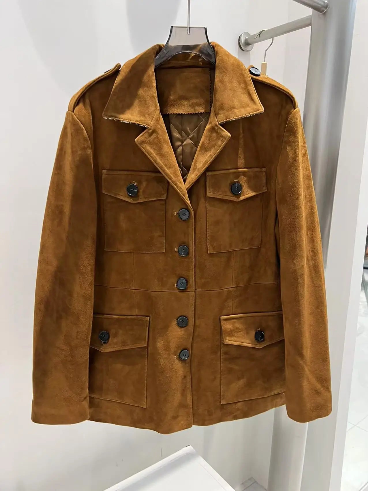 Luxury High-end Kid Suede Leather Jacket for Women Winter Pockets Slimming Coat Filled With Mulberry Silk Deep Coffee Warm Veste