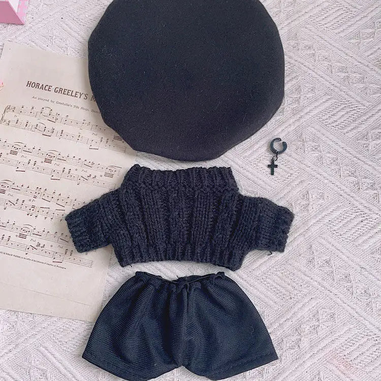 20cm baby clothes black beret black sweater set autumn and winter cool cotton doll clothes fat body can wear