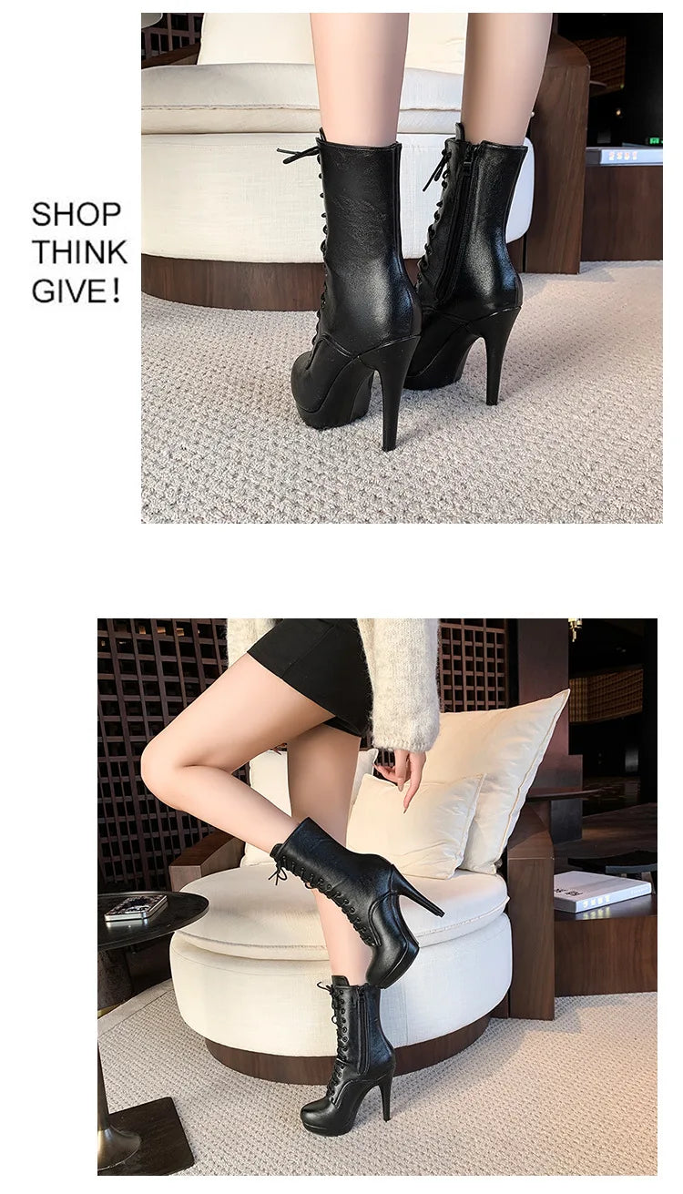 Elegant Boots and Ankle Boots for Women 12.5CM Black Matte Female High Heel Stripper Heels Round Toe Short Boots Footwear