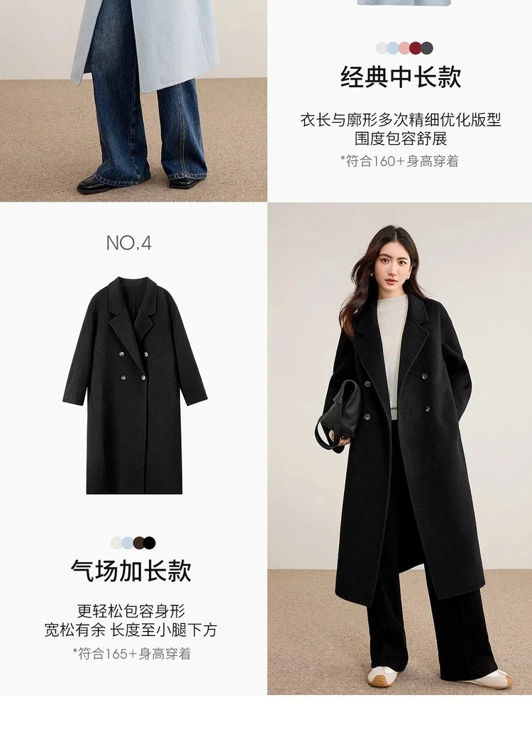 SENTUBILA Women's 100% Wool Double-Faced Coat Winter 2025 Suit Lapel Collar Classic Commuter Style Long Overcoat W54OA8779
