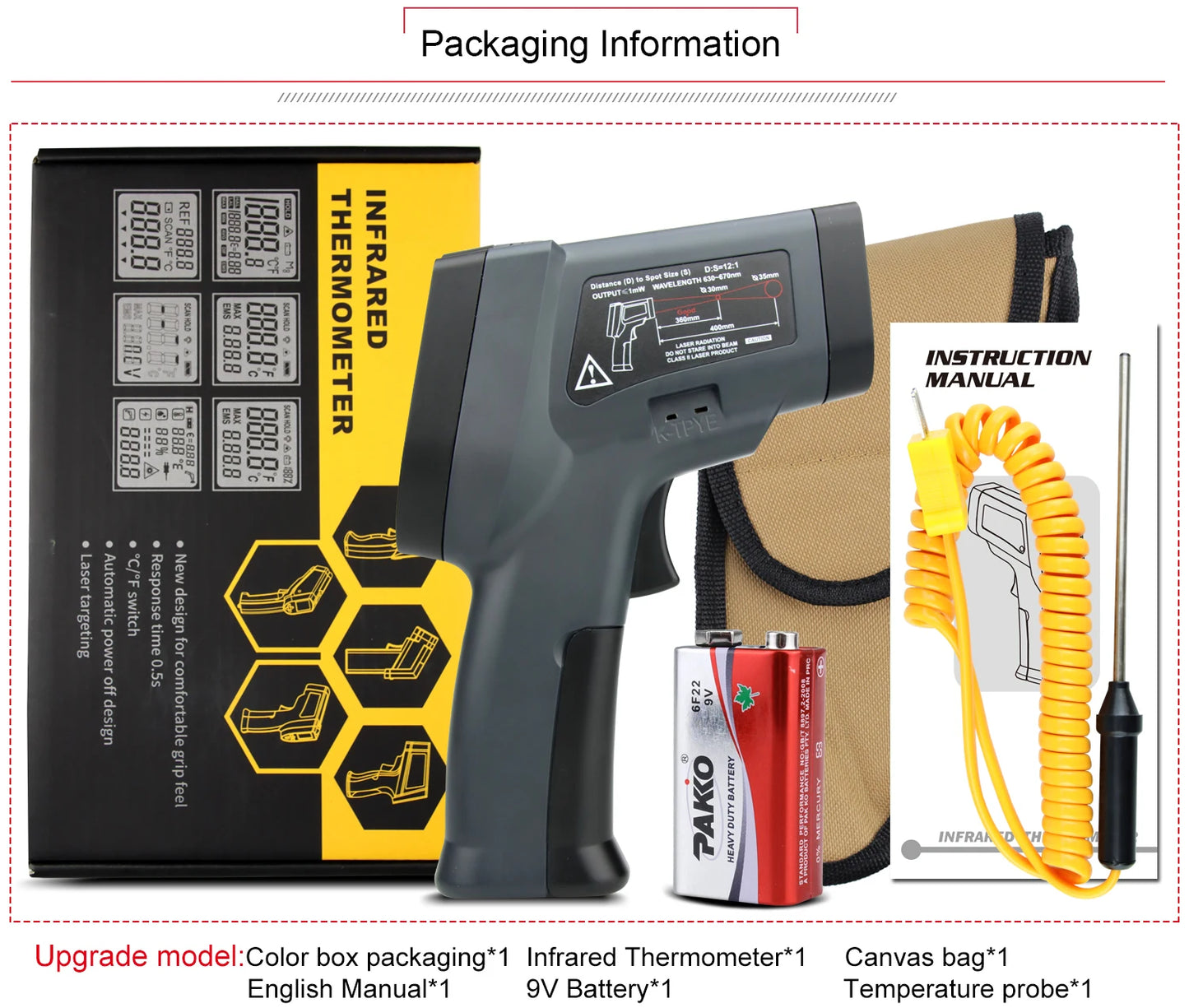 LCD Industrial Electronic Thermometer NonContact Digital Laser Temperature Meter Gun Laser Point Infrared Thermometer