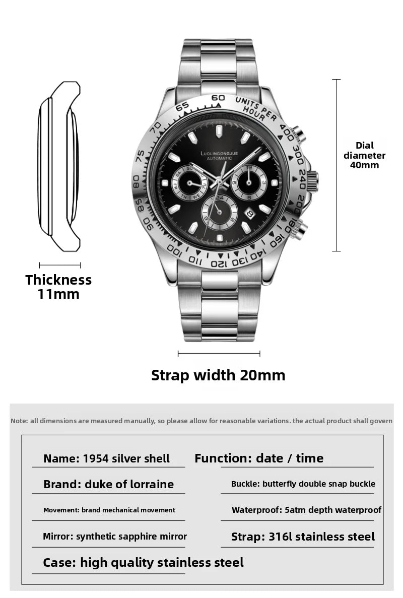 Fully automatic mechanical watch, business-style, luminescent, waterproof, men's mechanical watch, sapphire crystal glass mirror