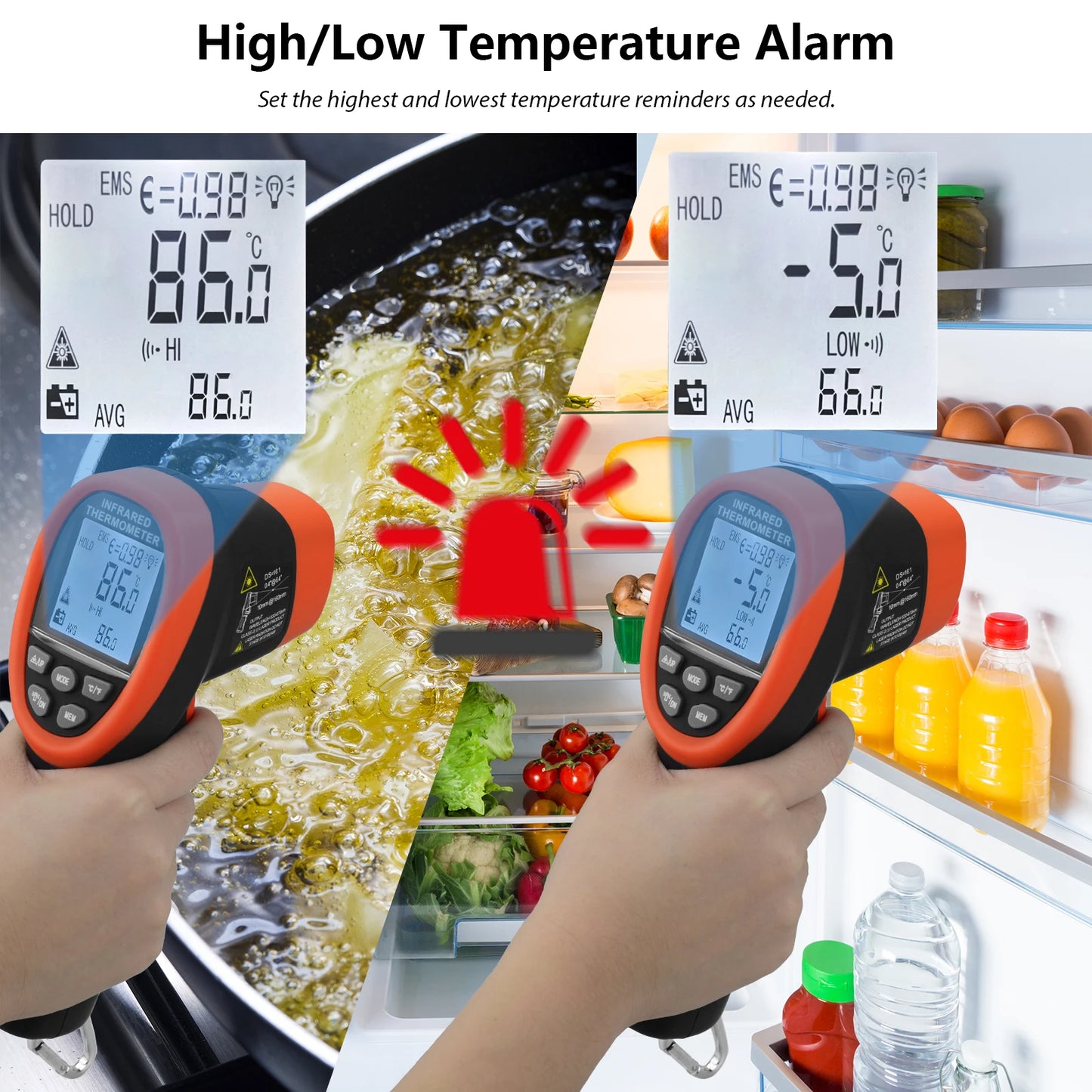 Infrared Thermometer Non-Contact Digital Laser Temperature Gun with -50°C~800°C, Adjustable Emissivity for Cooking/BBQ/Freezer