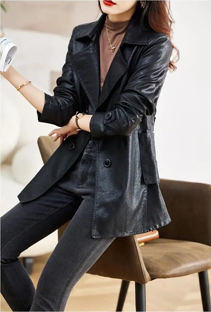 Turn-down Collar Genuine Leather Jacket Women Korean Fashion Slim Sheepskin Coat Black Real Leather jackets ladies Casual Blazer