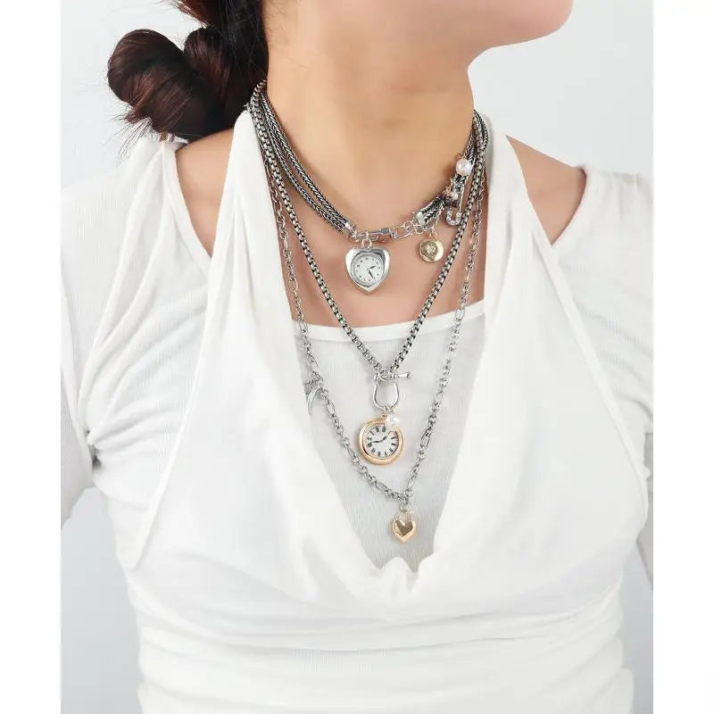 Necklace with Fashion Pin, Button Key, Heart Pendant for Women; Bohemian Multi-Strand Clavicle Chain Accessory