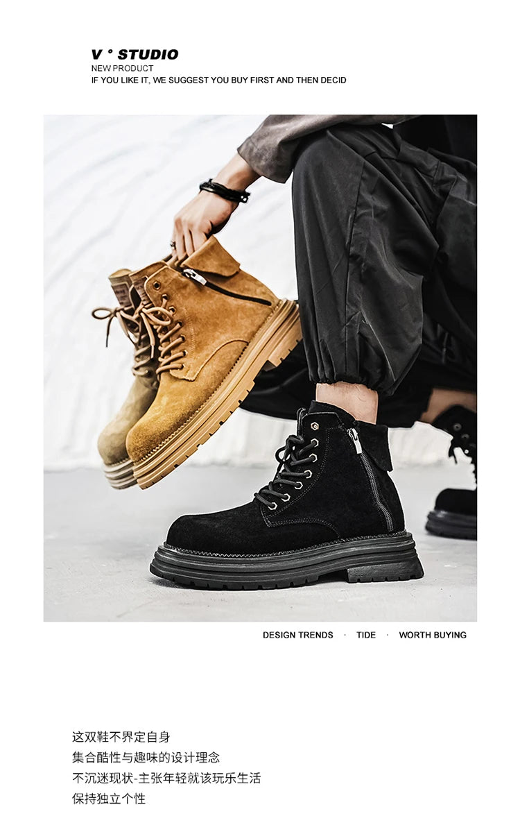 Men's high-quality suede horse boots outdoor casual leather boots thick soled English style short boots fashionable work boots
