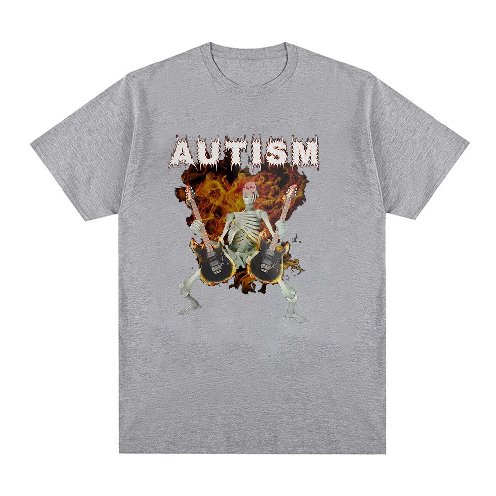 Autism Funny Skeleton meme Print Crew Neck T-shirt, Casual Loose Short Sleeve Fashion Summer T-Shirts Tops, Women's Clothing