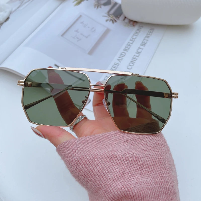 High Quality Square Polarized Sunglasses For Women Retro Oversized Double Bridge Sun Glasses Men Luxury Big Metal Goggle Shades