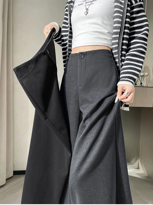 High Quality Woolen Suit Wide-leg Pants Women Fall Winter High-waisted Loose Trouser Female Chic Solid Thick Outwear Bottoms New