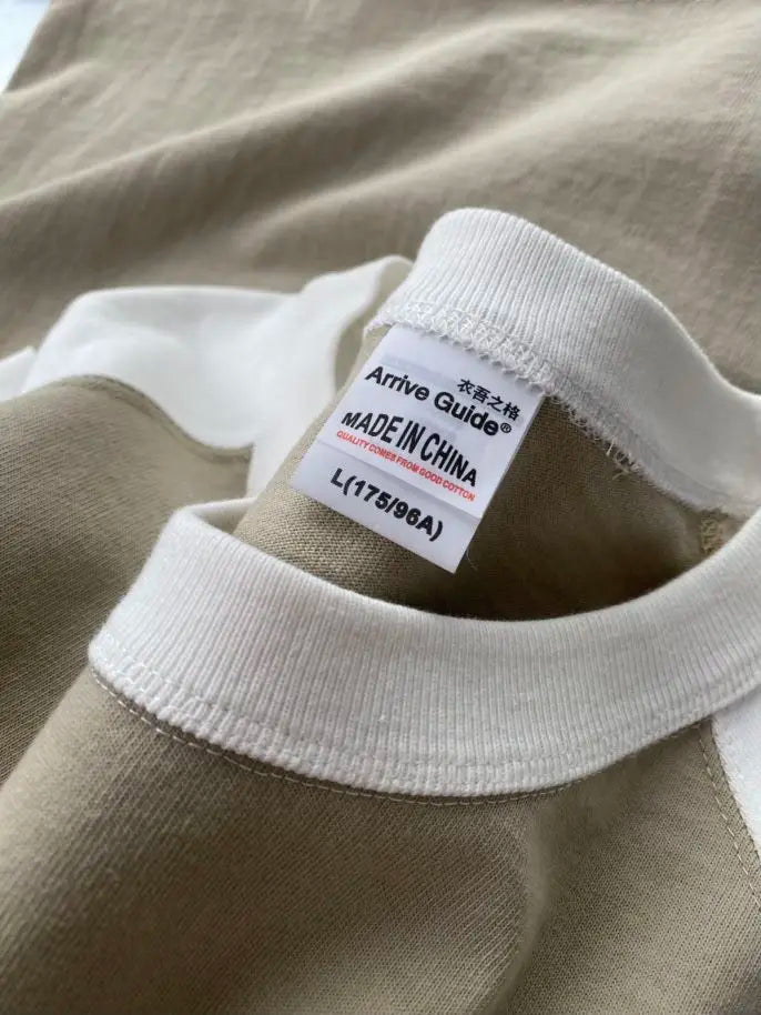 Mens 100% Heavy Cotton T-Shirt 300gsm Oversized Casual Stitching Color Tee Round Neck Loose Fit Knitted Tops Fashion Streetwear