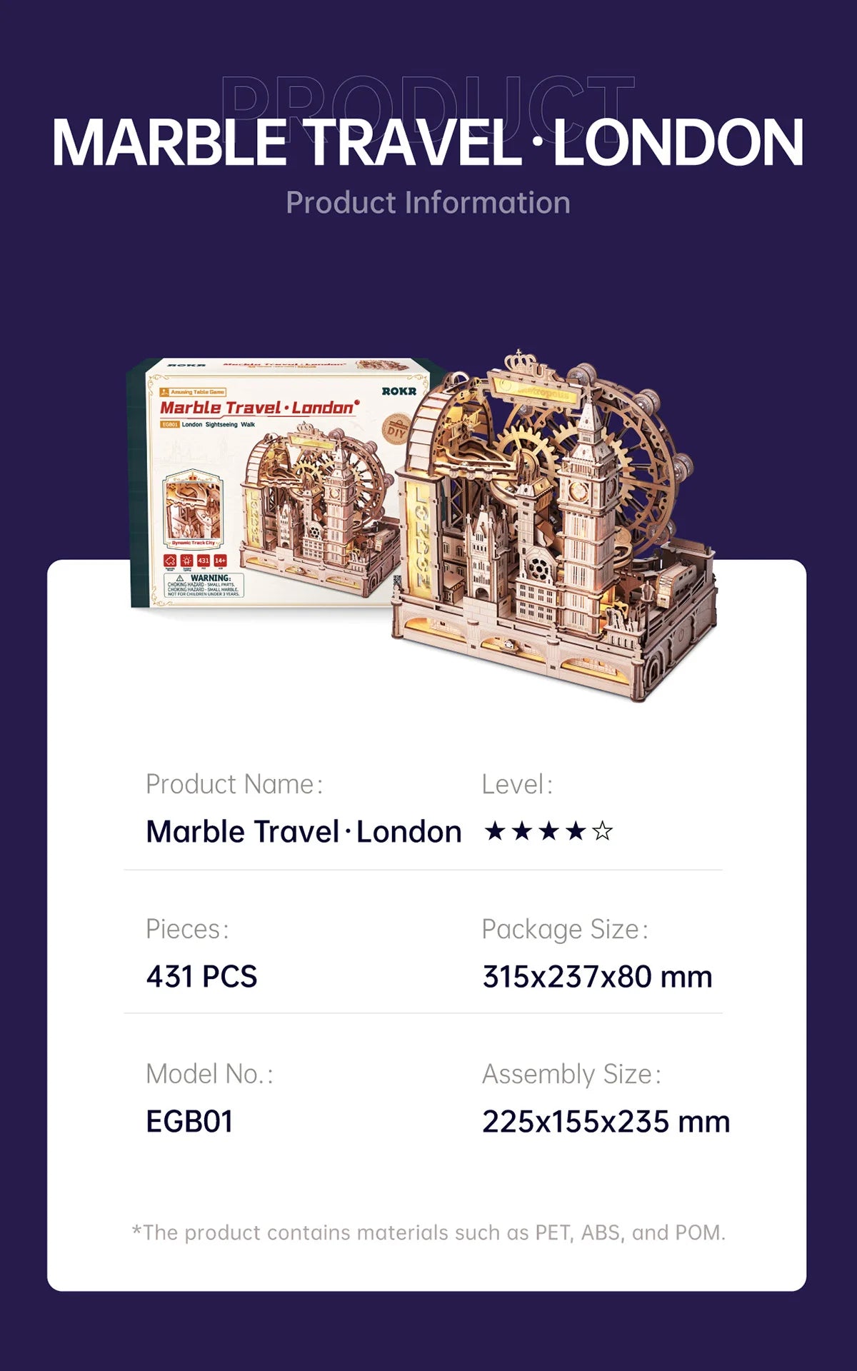 3D Wooden Puzzle Marble Run Building Kit London City Model with Lights Mechanical DIY Landmark Puzzle for Adults Teens