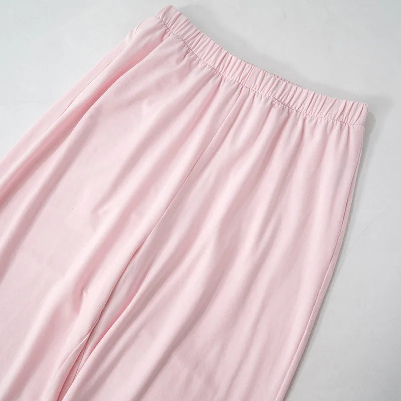 Apprabant Solid Pleated Casual Basic Trousers Set Round Neck Long Sleeve Top Fashion Sports Style High Waist Wide Leg Pants Suit