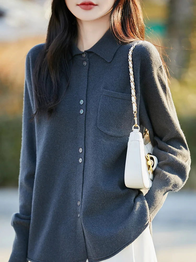 POLO Collar Wool Sweater 100 Pure Wool Spring And Autumn New Knitted Women Loose And Slimming Cardigan ZA682
