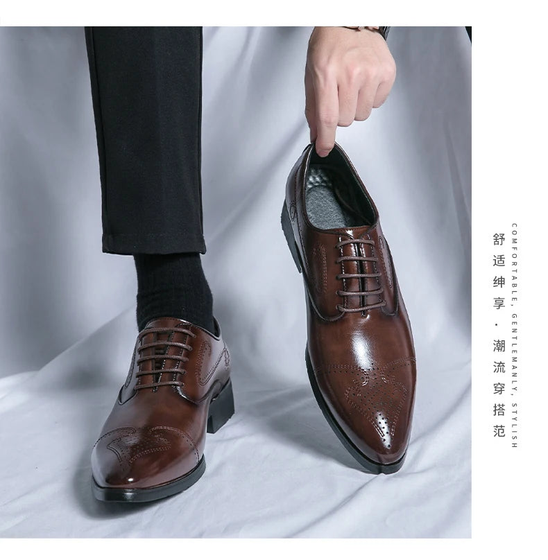 Formal Brogues Shoes Men Classic Social Casual Business Shoes Man Wedding Men's Dress Shoes Party Pointy Toe Leather Shoes Male